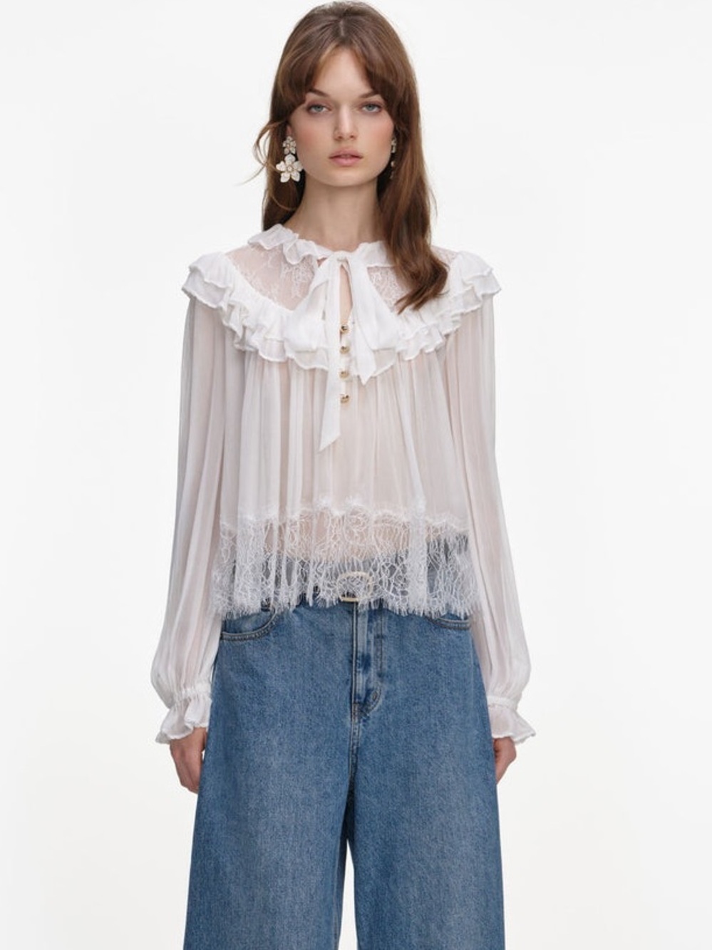 NWOT Self-Portrait WHITE GEORGETTE LACE BLOUSE